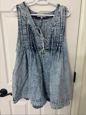 Light Wash Pearl-Embellished Sleeveless Denim Romper